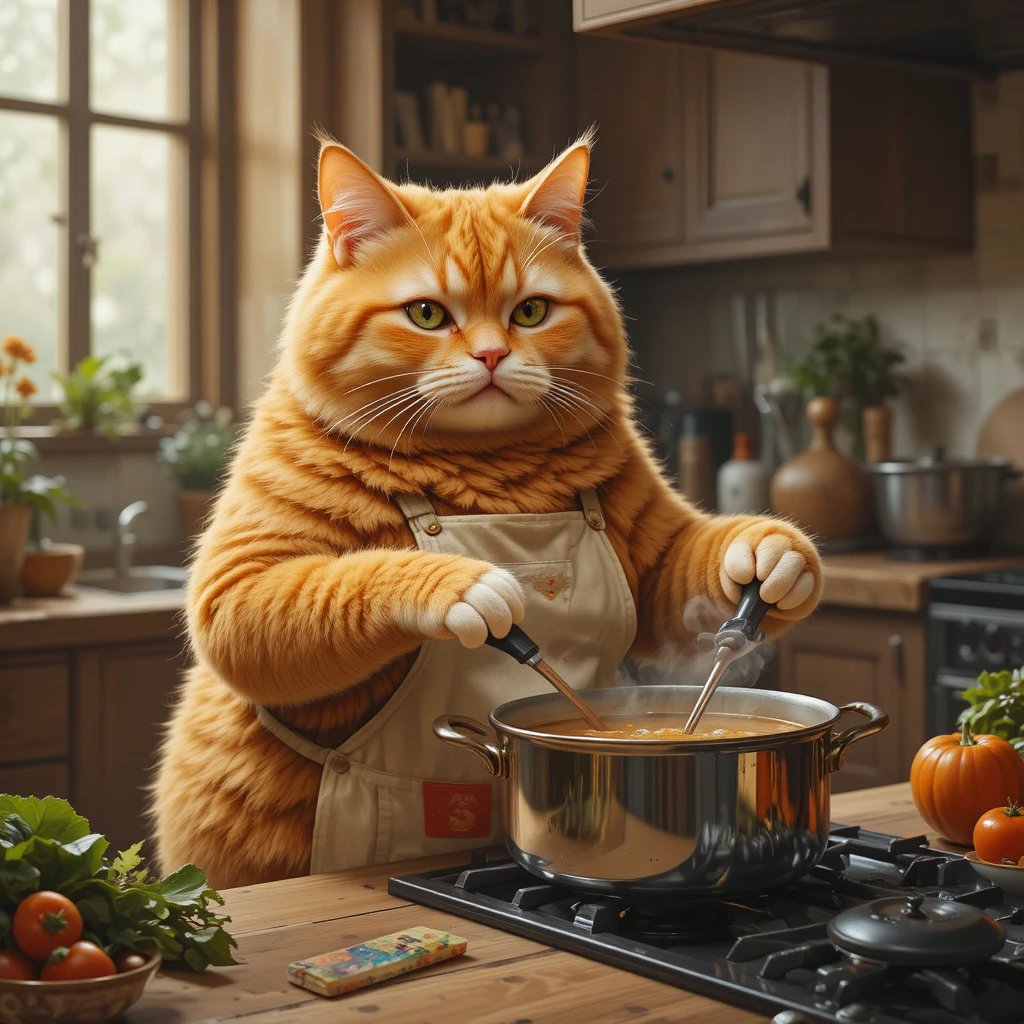 Gato naranja regordete cocinando sopa en una cocina acogedora