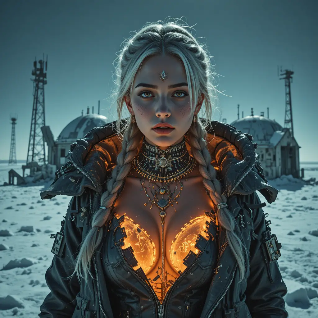 Surreal cyberpunk woman glowing in a ruined polar outpost