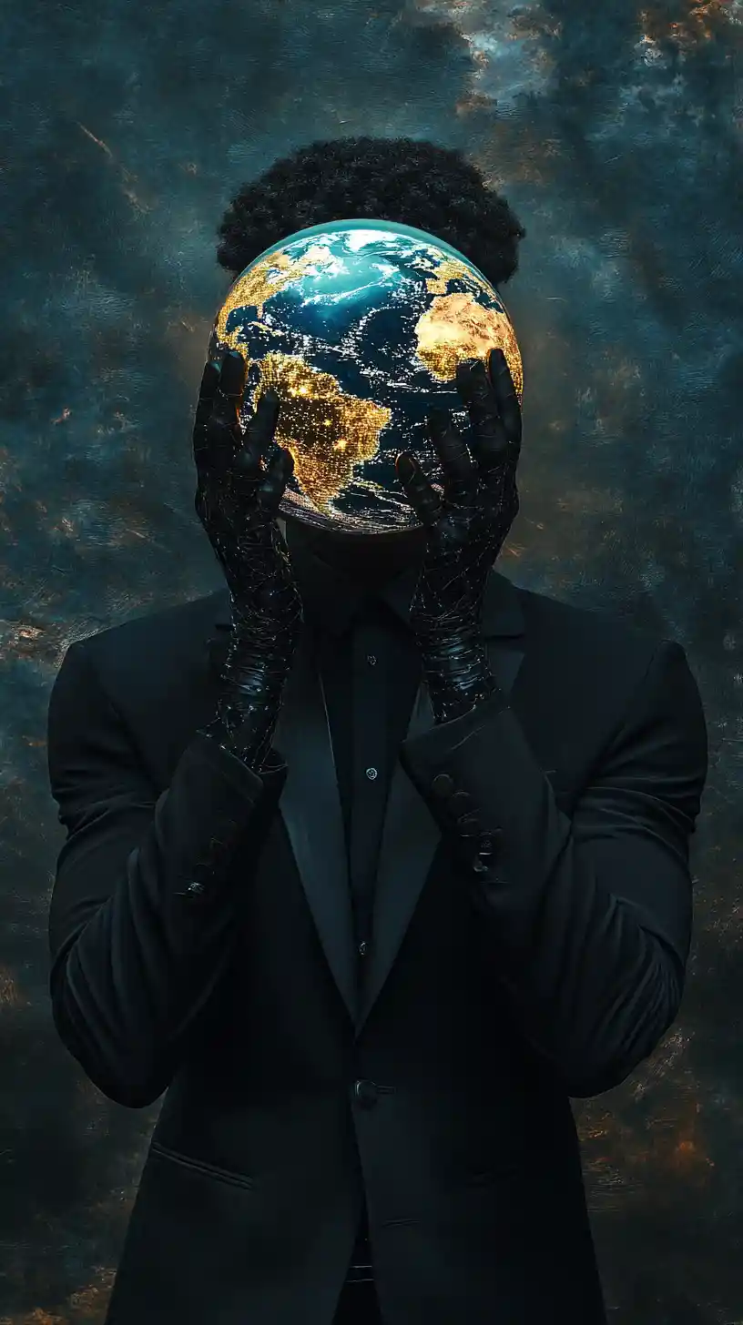 Afrofuturistischer Mann im Anzug mit leuchtendem Erde-Helm