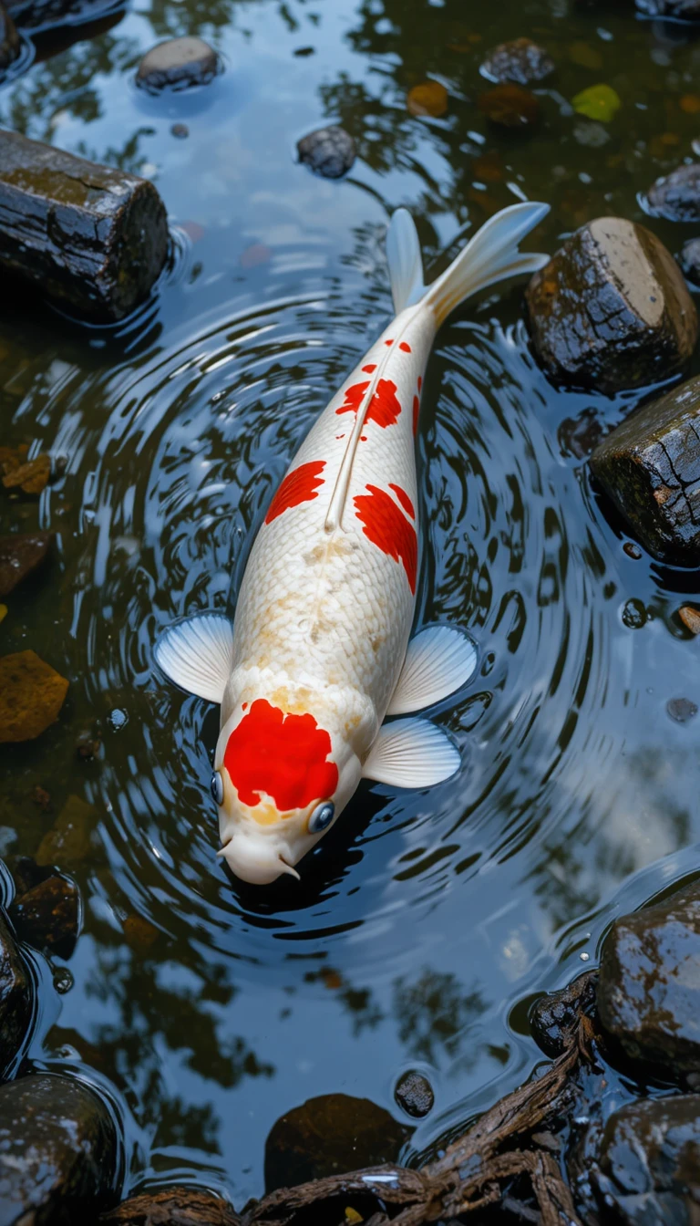 Peces koi blancos y rojos deslizándose tranquilamente en un estanque cristalino