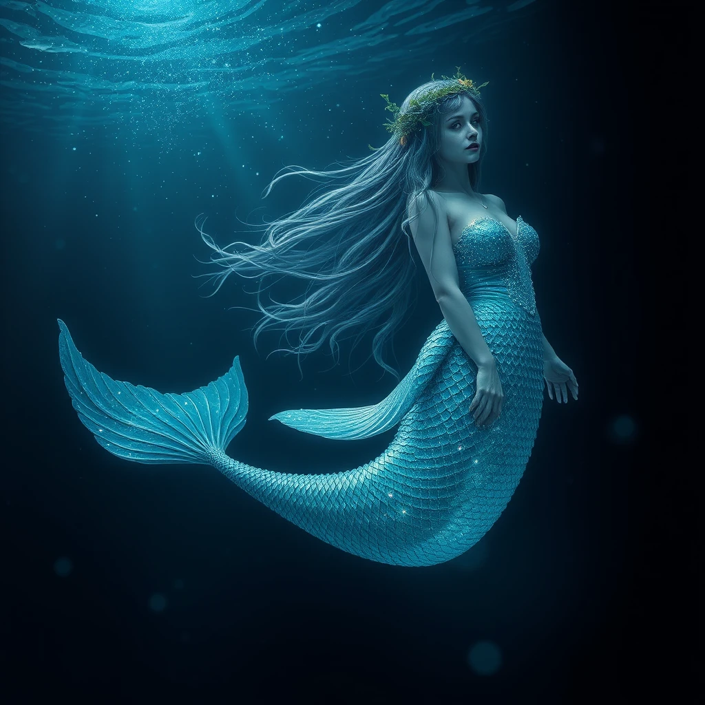 Sirena mistica che emerge dalle oscure profondità dell’oceano di notte