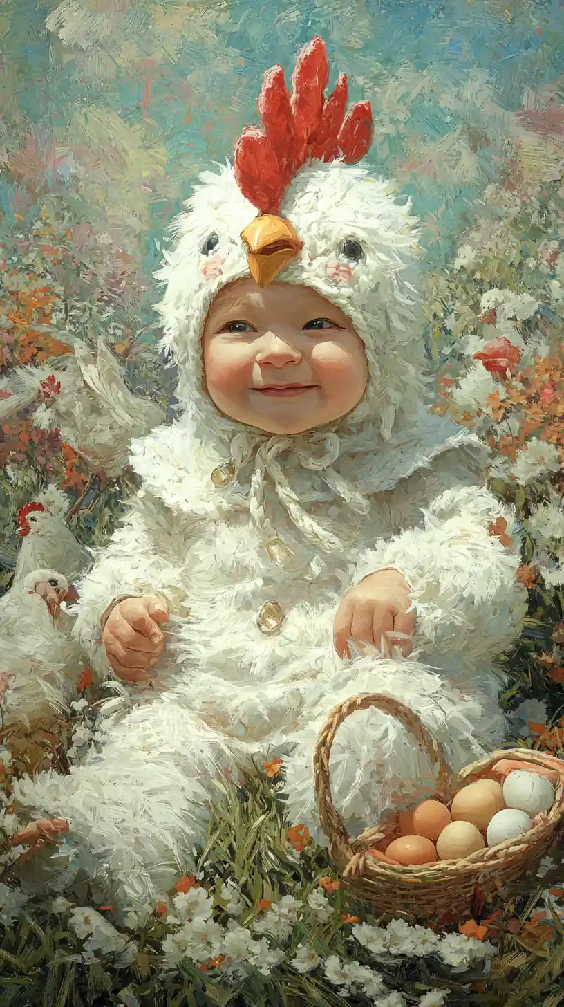 Baby girl in chicken costume sitting in spring meadow
