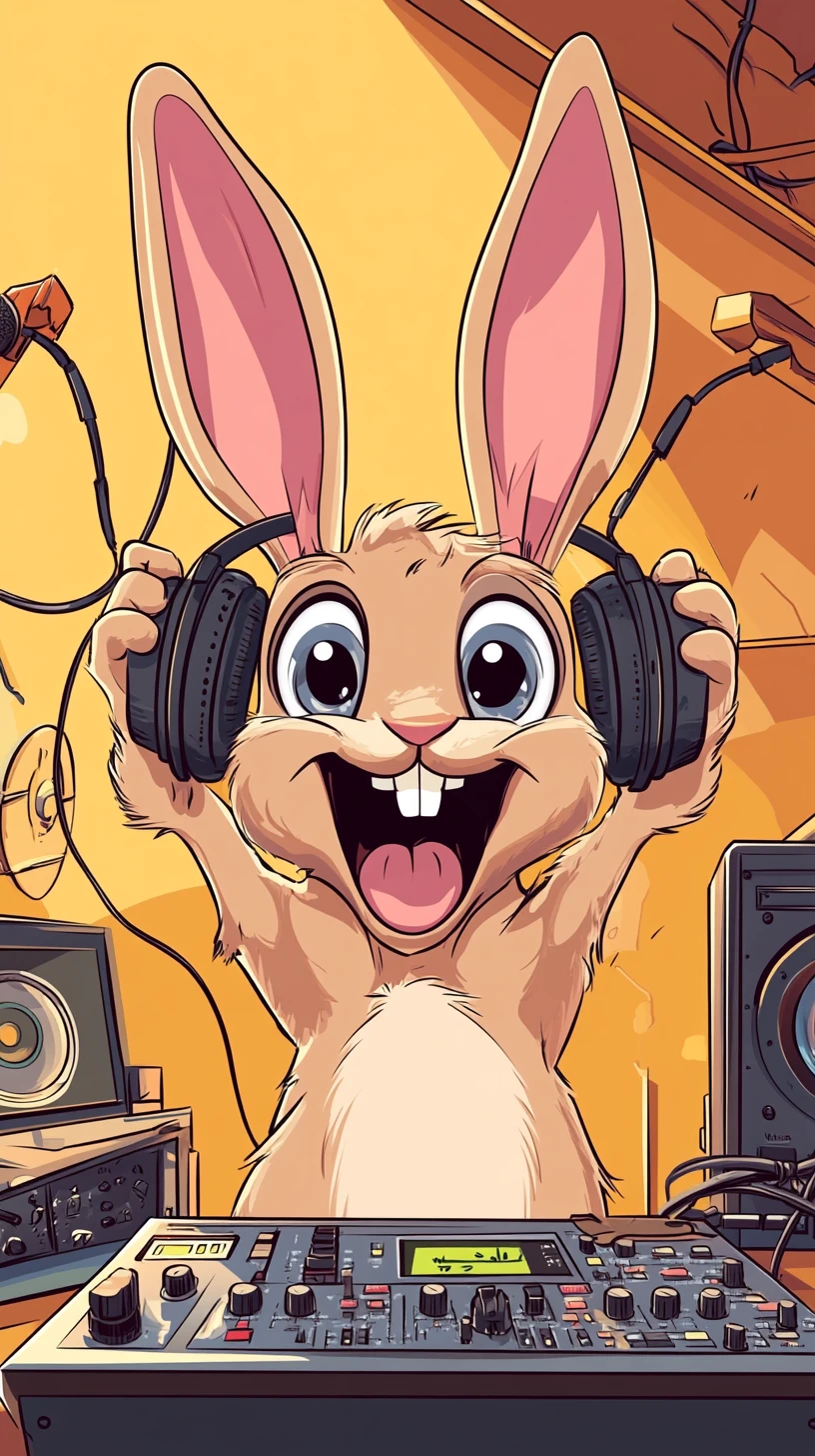 Cartoon rabbit with headphones in a lively music studio