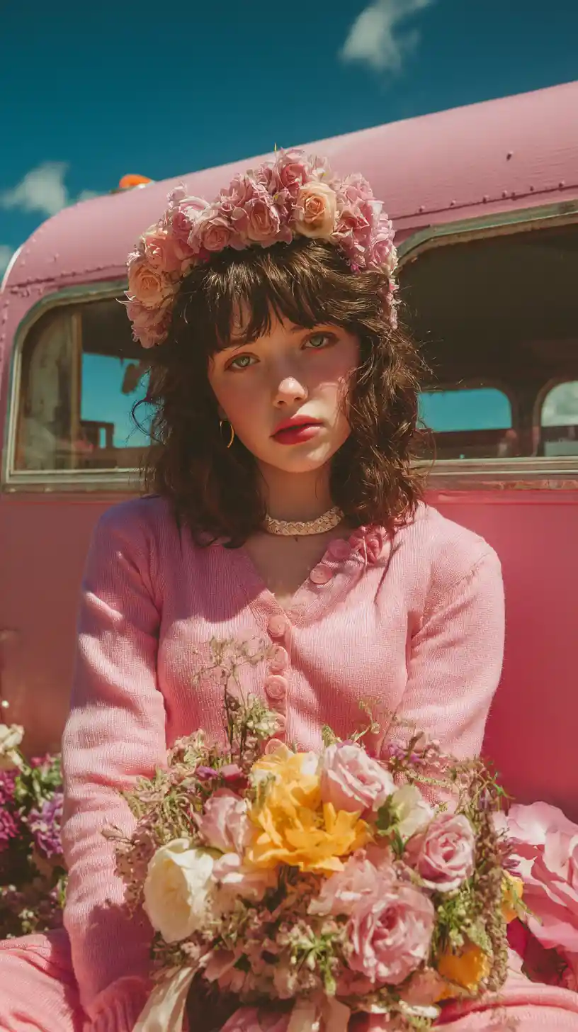 Girl with pink floral crown by retro pink trailer