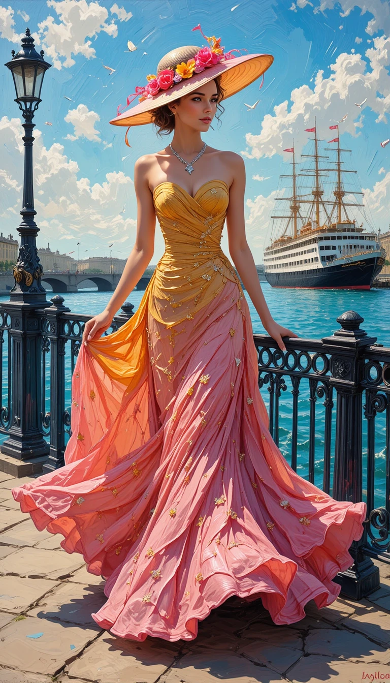 Elegant woman strolling on a Paris riverside pier