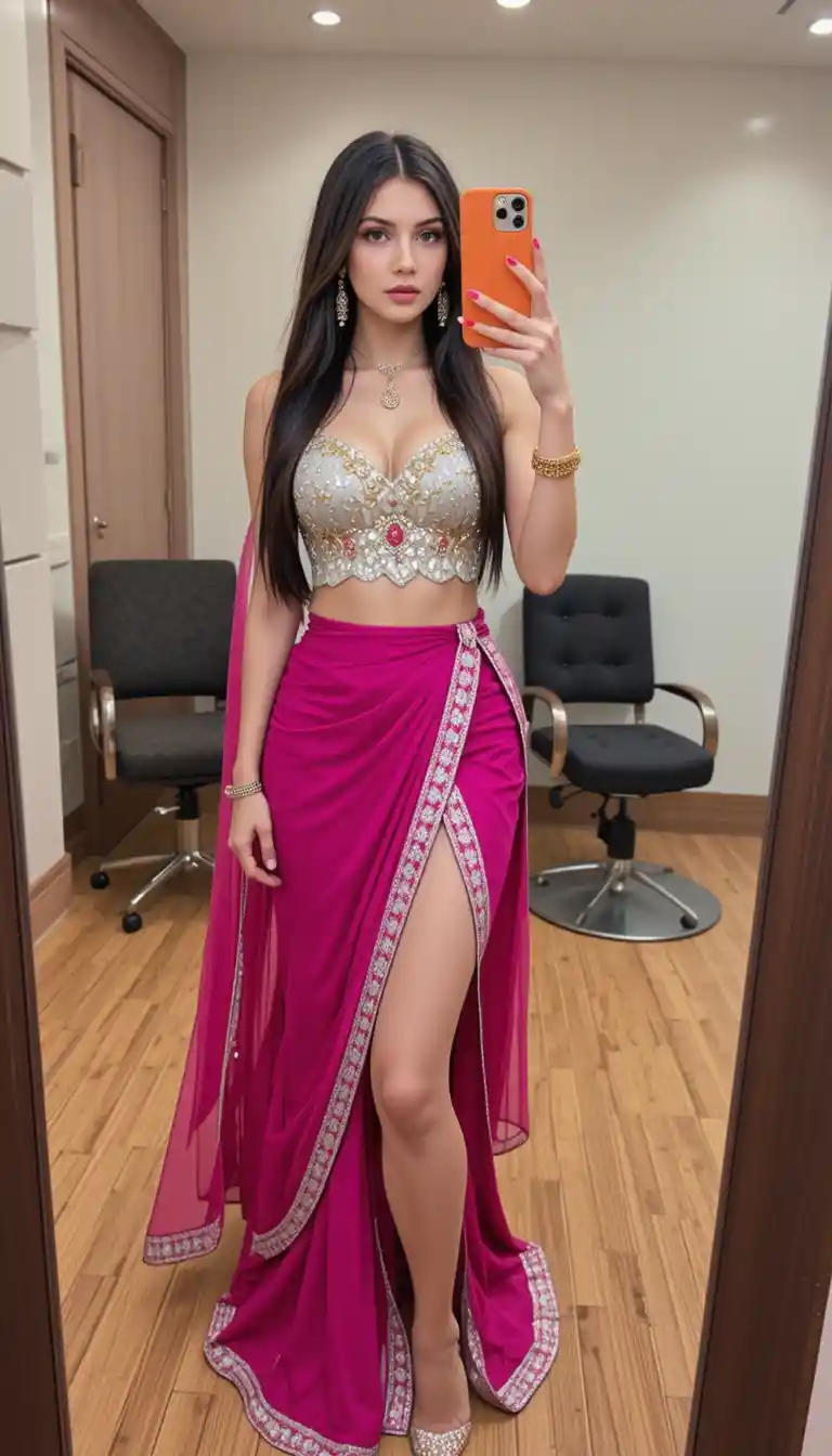 マゼンタのインド・ウェスタン衣装を着た女性のおしゃれなミラーセルフィー