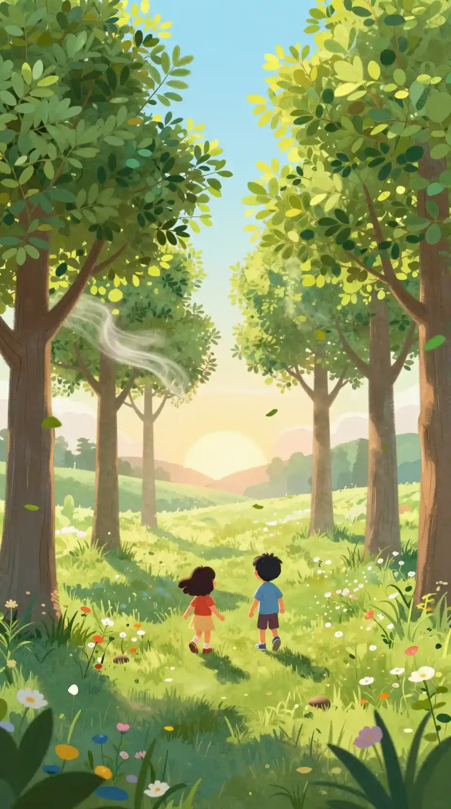 Children playing in a tranquil spring meadow at sunrise