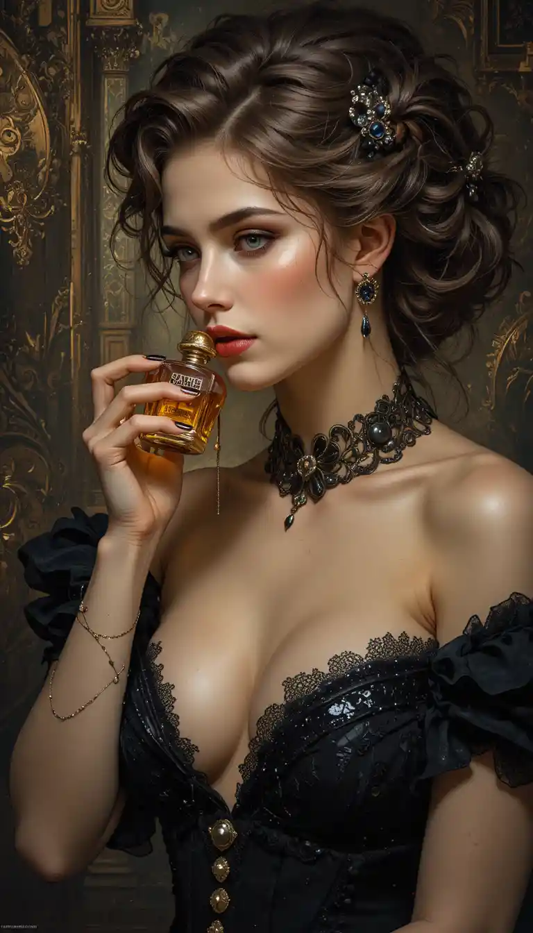 Glamorous Woman In Black Savoring Perfume In Dramatic Light