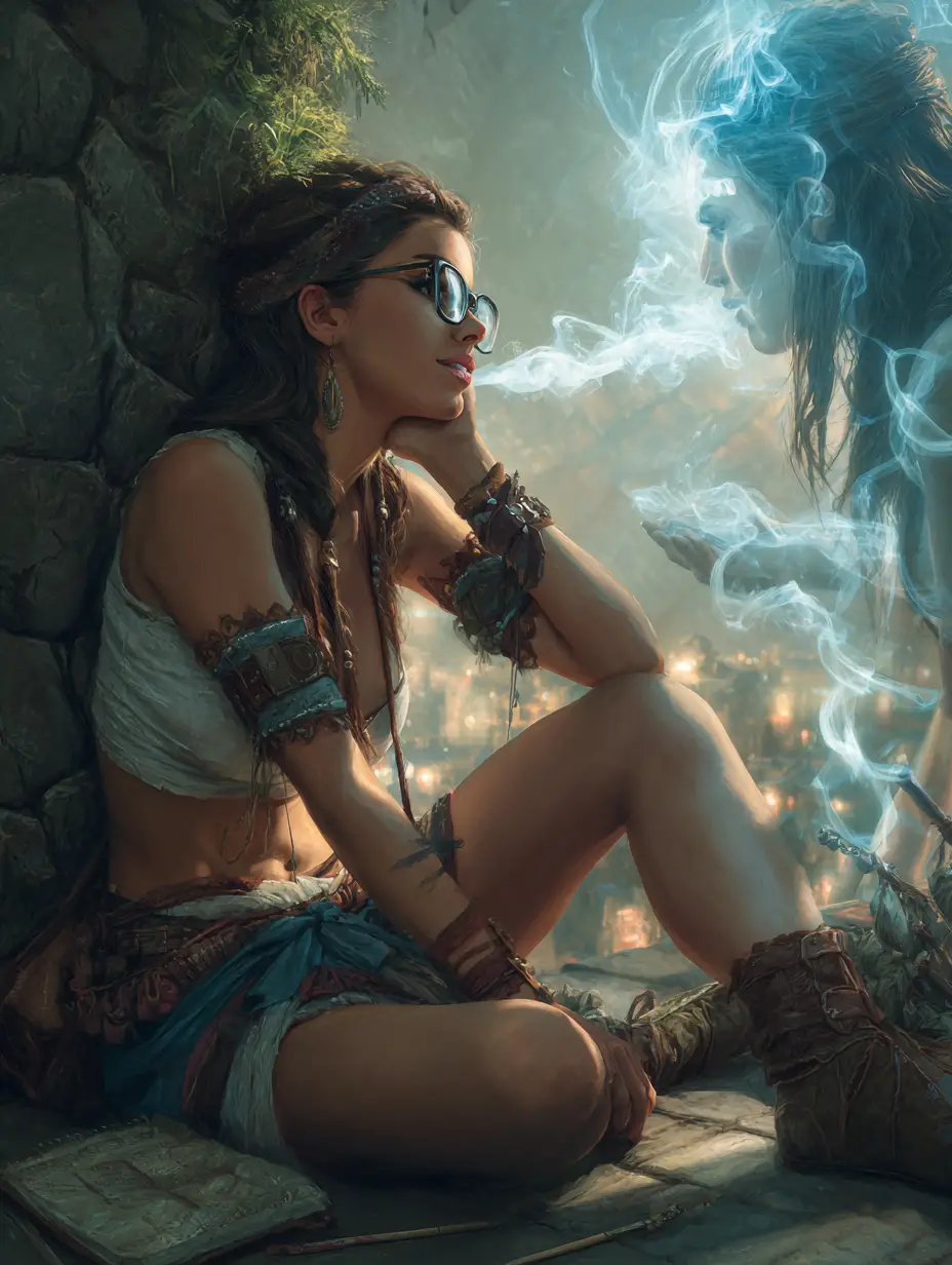 Woman in rooftop garden with mystical smoke figure