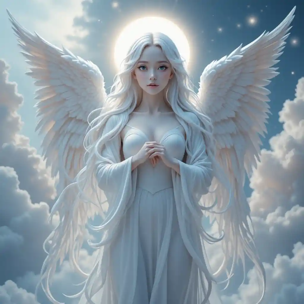 Mujer angelical con alas blancas en un cielo celestial radiante