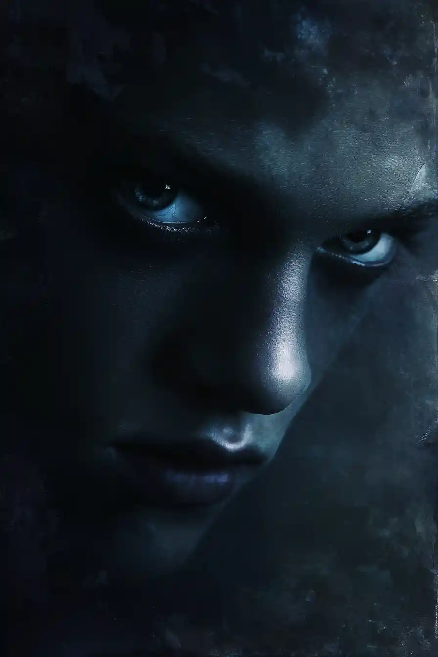 Portrait de dark fantasy aux yeux de fleurs métalliques lumineuses