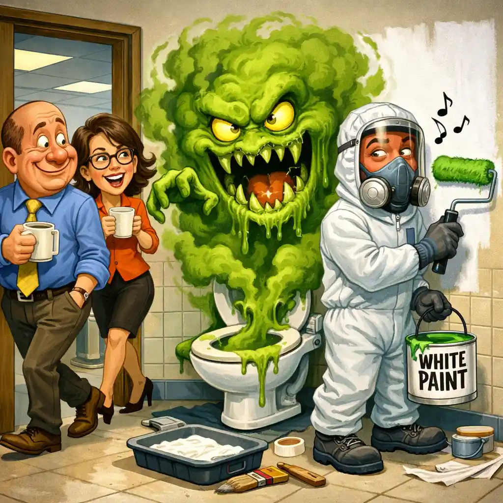 Pintor con traje hazmat repintando un concurrido baño de oficina