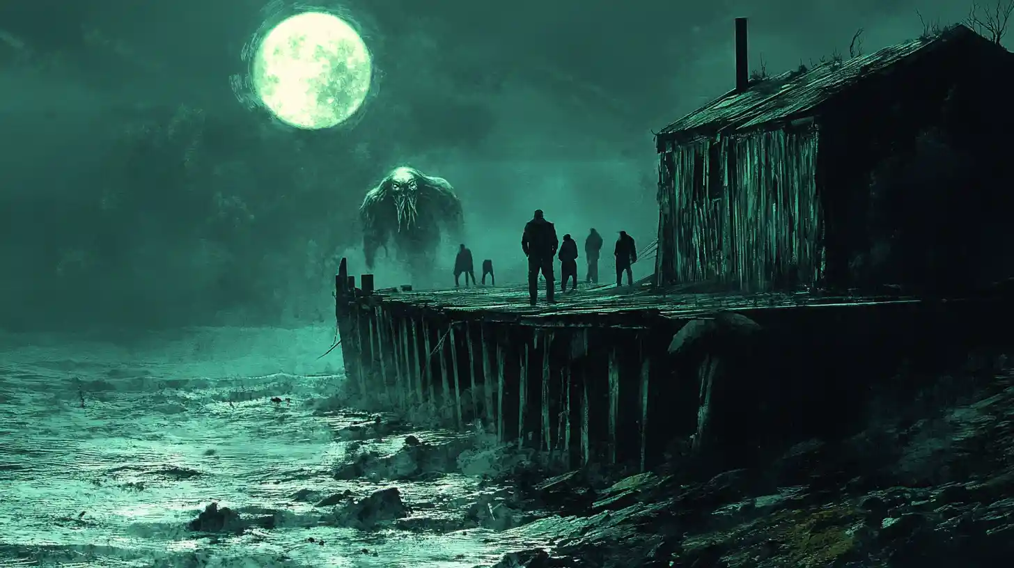 Old sailor faces sea monster on moonlit dock