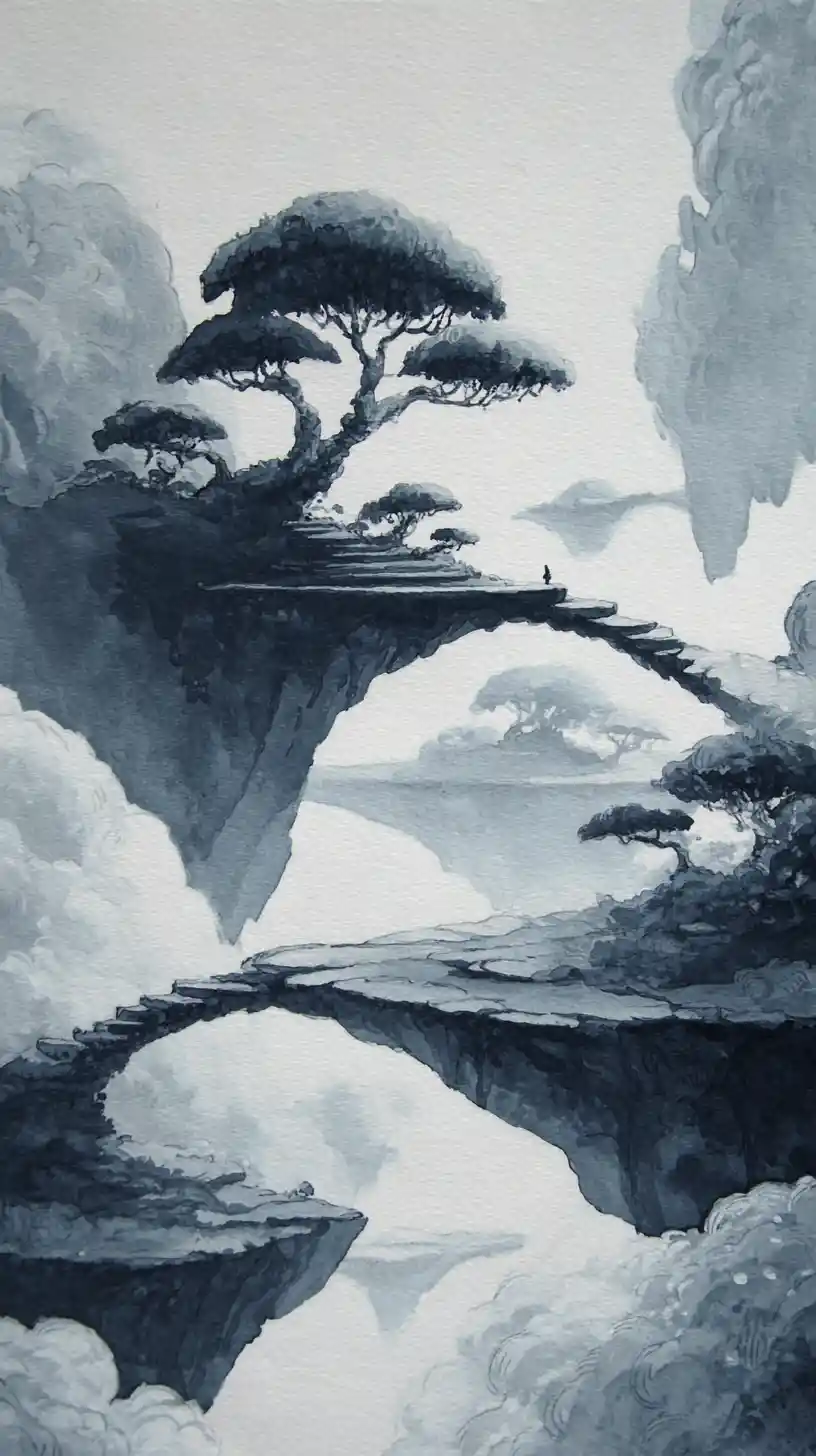 Isole fluttuanti in un paesaggio celeste sereno e onirico