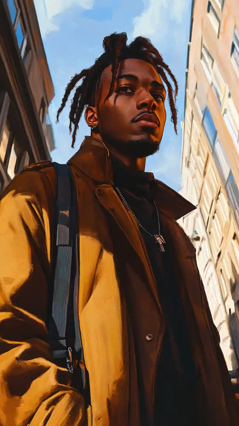 Stylish young man with braids in Frankfurt financial district