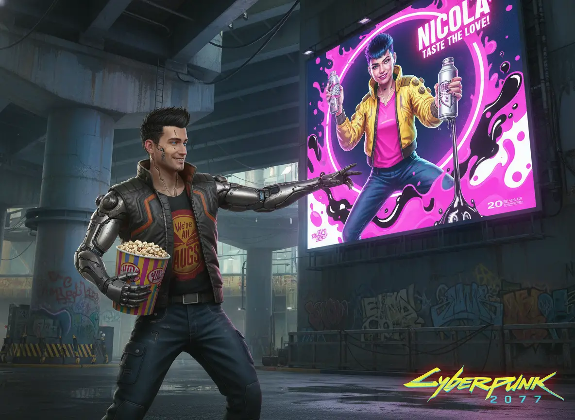 Cyberpunk man posing by neon drink advertisement billboard