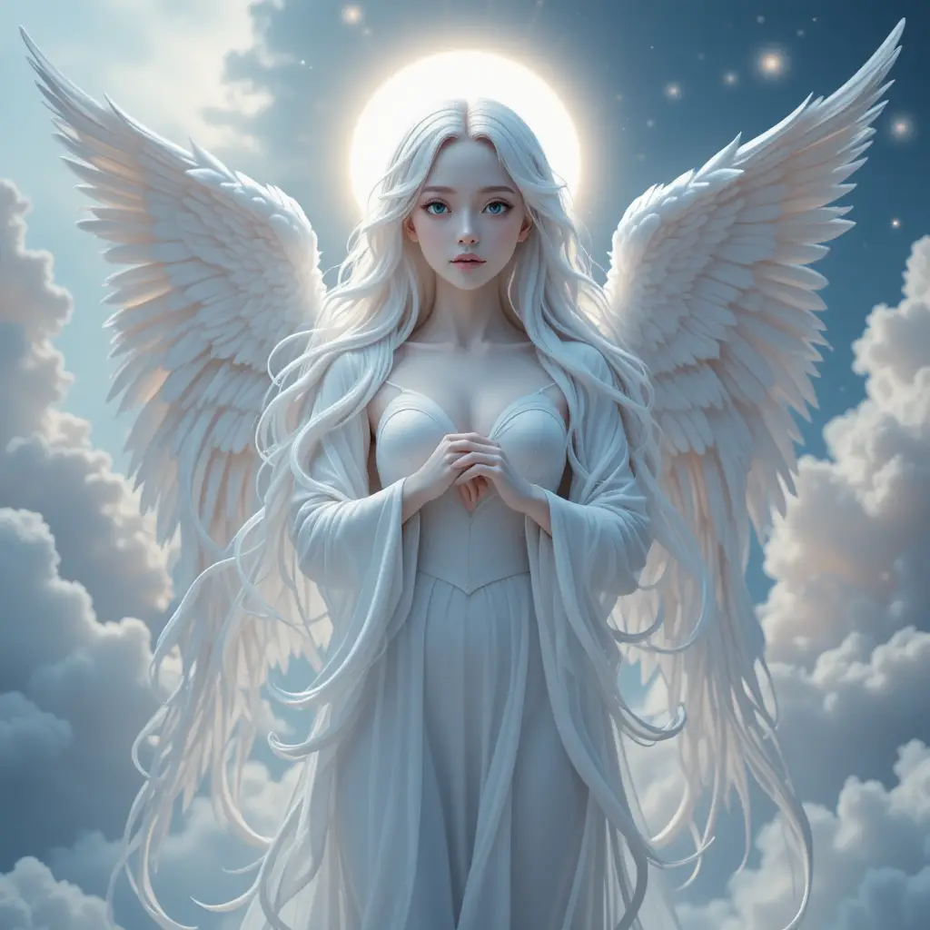 Mujer angelical con alas blancas en un cielo celestial radiante