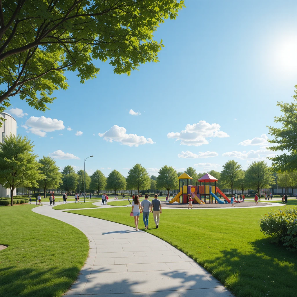 Families enjoying a sunny day in a modern city playground