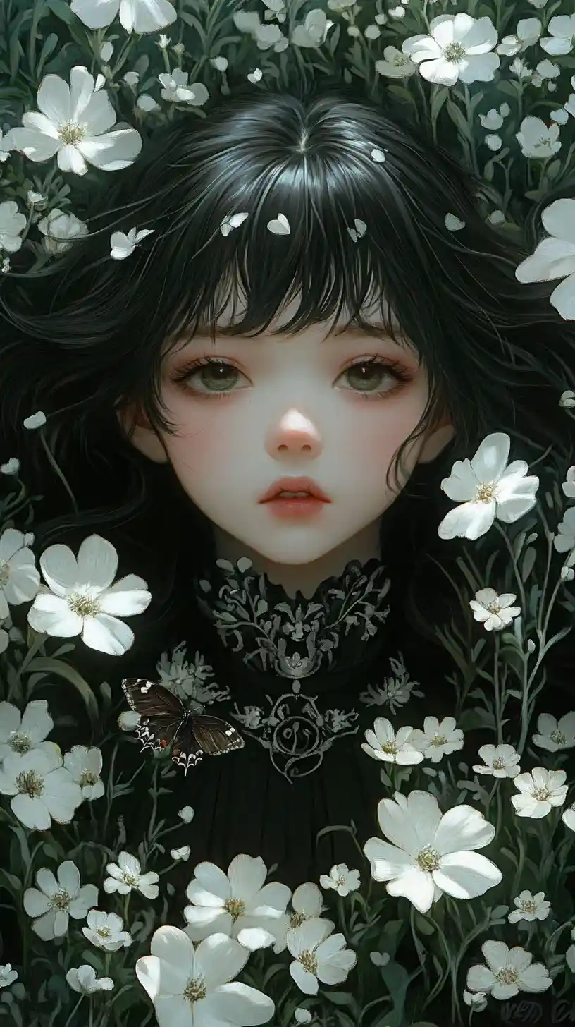 Melancholic girl in a black and white flower field