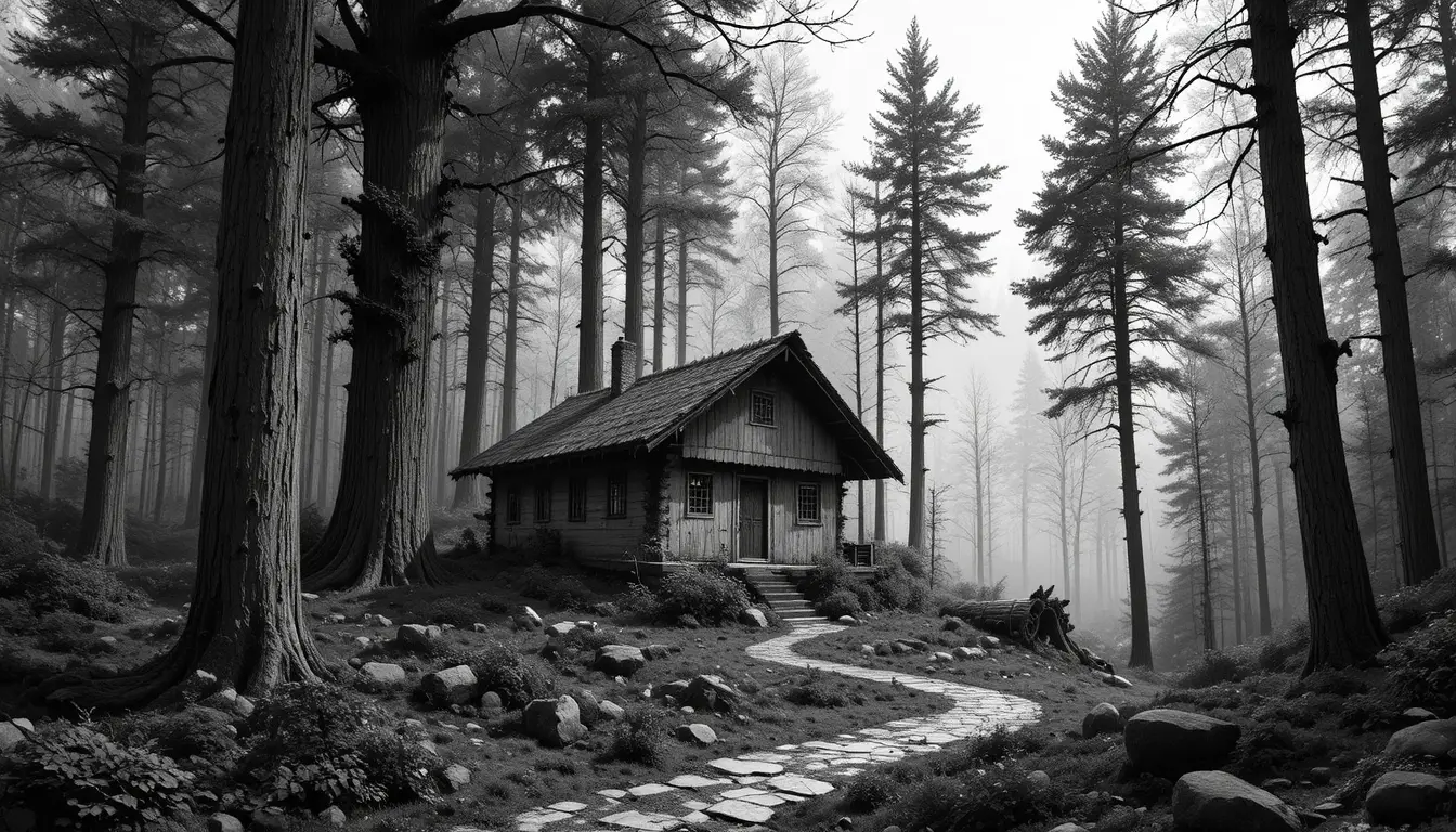 Rustic forest hut in detailed black and white engraving
