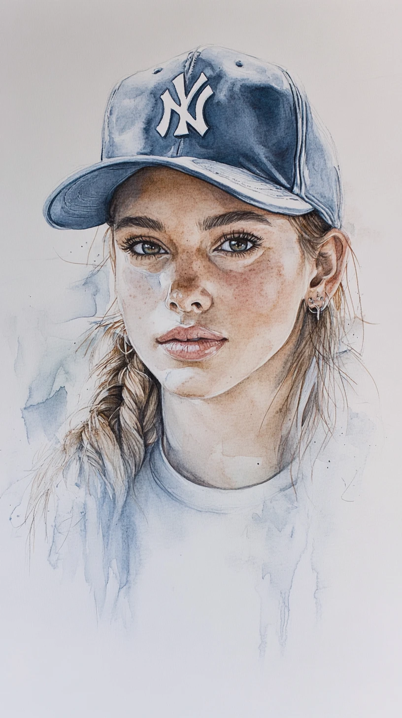 Mixed media bust portrait of a girl in baseball cap