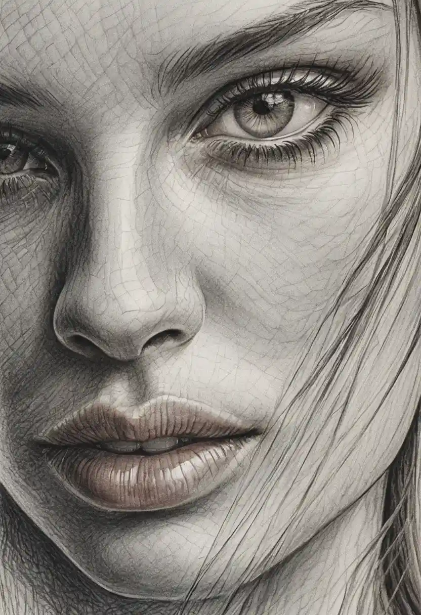 Graphite close up of a womans eye nose and mouth