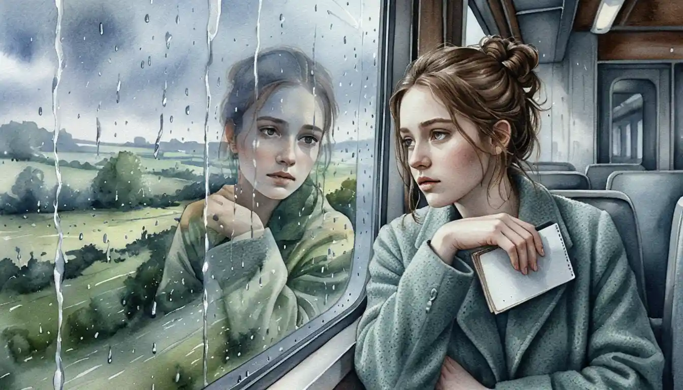 Melancholic girl on a train in a realistic watercolor
