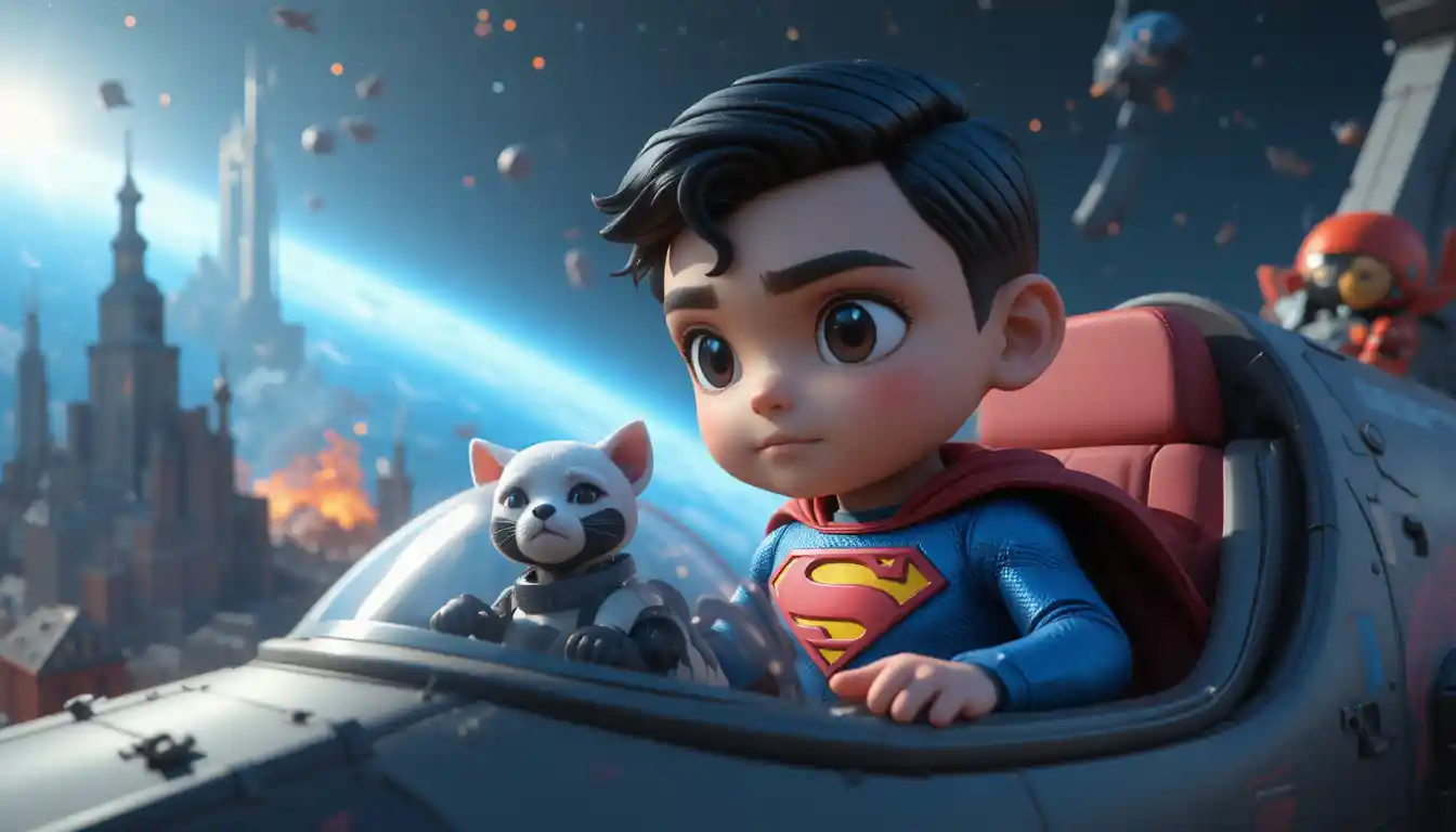 Space boy superhero and robotic dog in neon jet