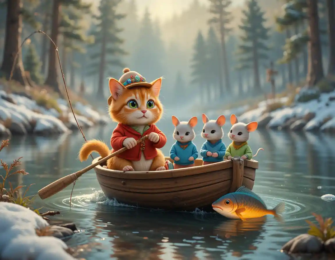 Tabby cat rowing a boat on a calm forest lake