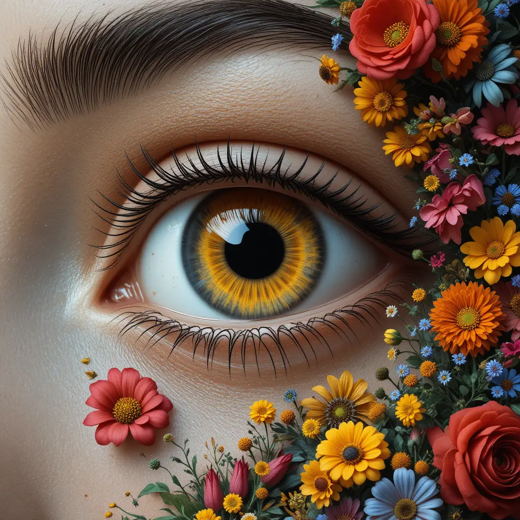 Surreal human eye with clock iris and blooming flowers