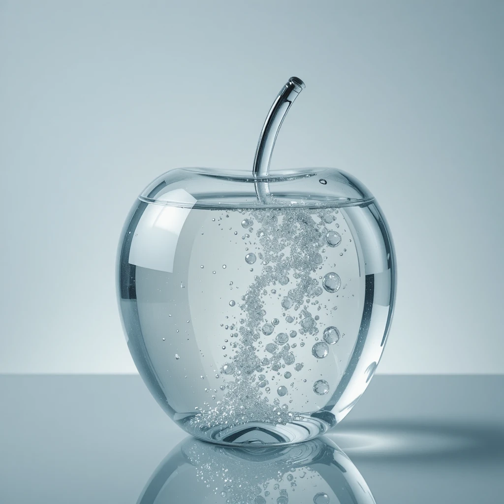 Glass apple filled with clear water on reflective surface