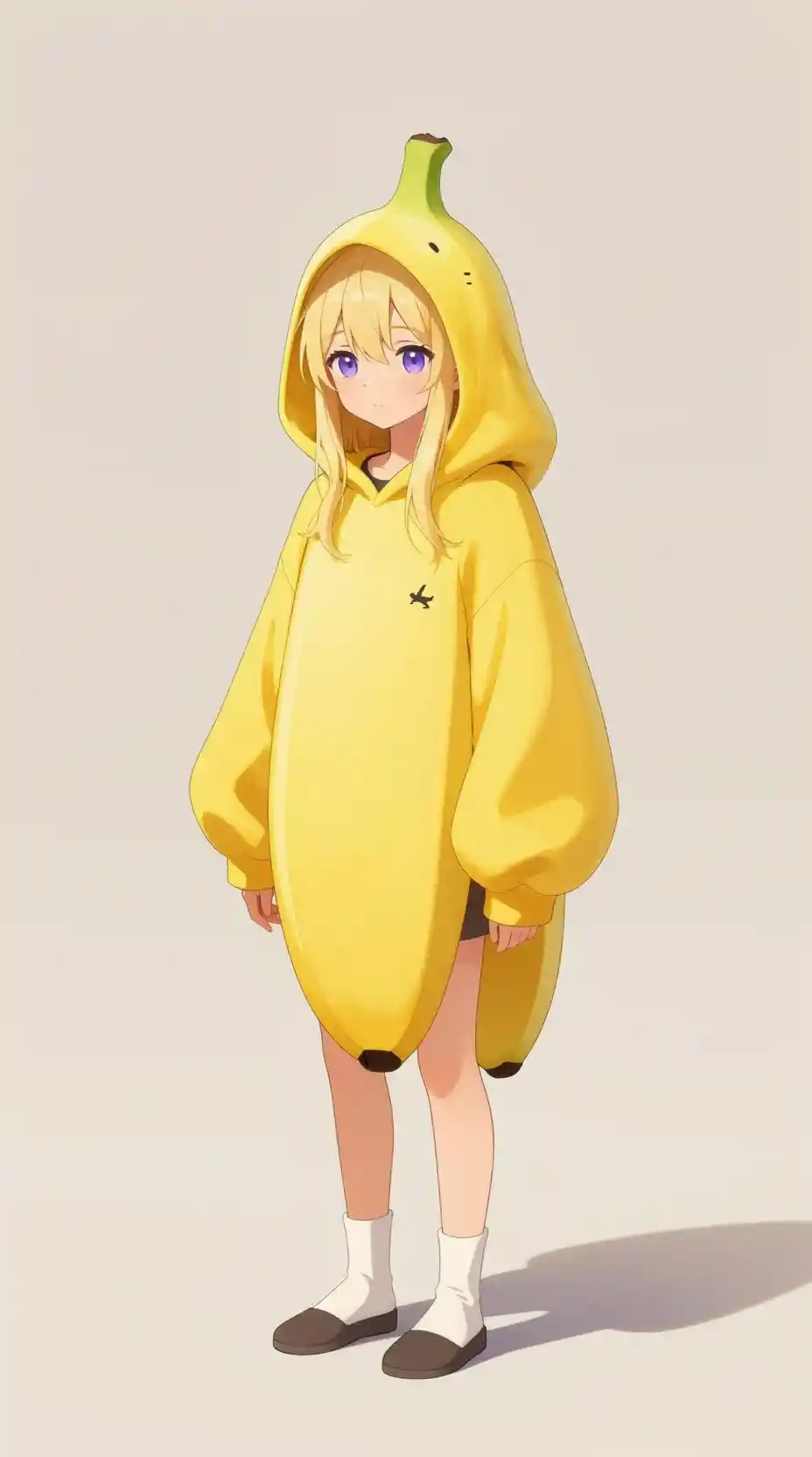 Anime girl in oversized banana hoodie on soft neutral background
