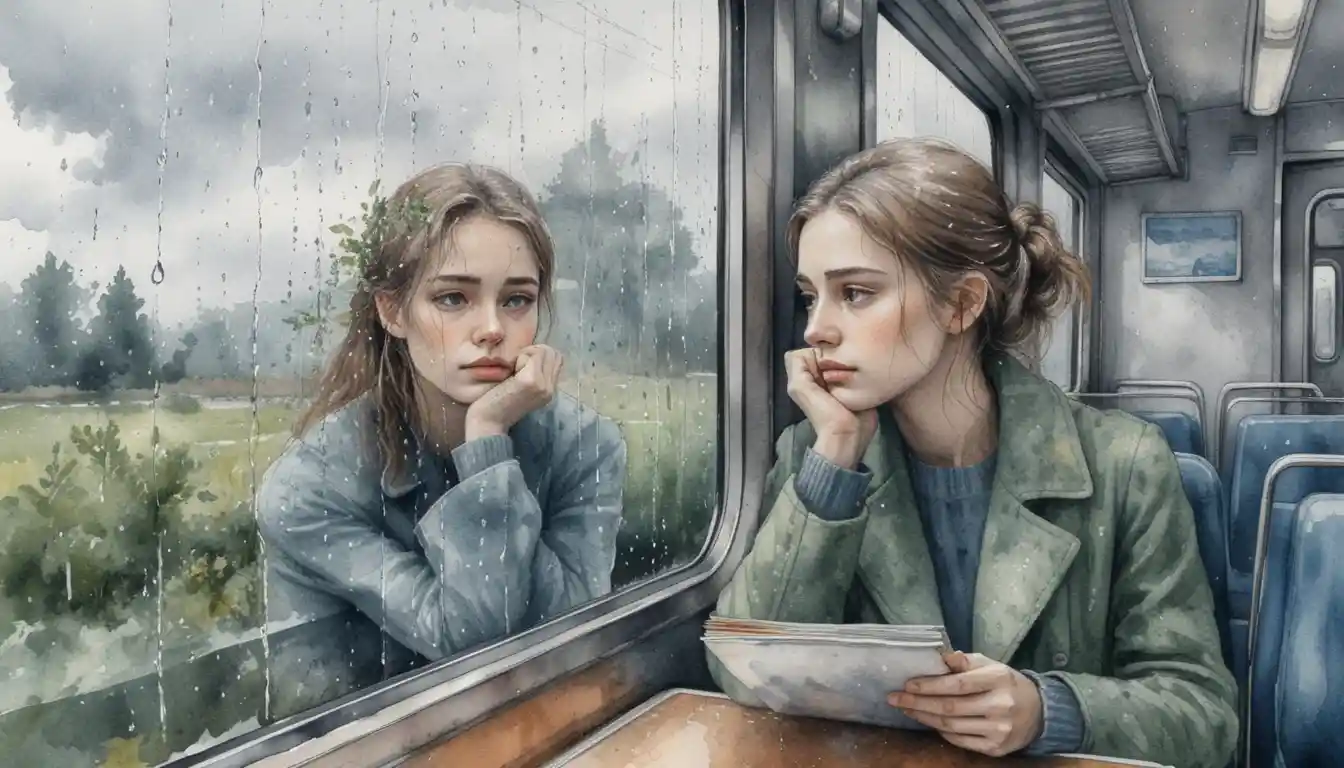 Melancholic girl in a train window watercolor scene