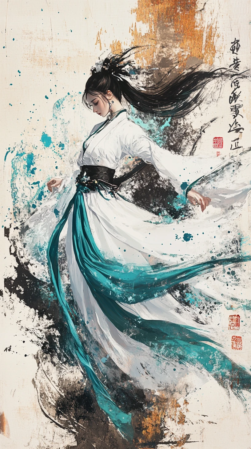 Mujer elegante con hanfu blanco en pintura a tinta