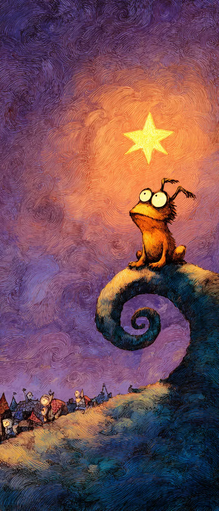 Lonely creature holding a glowing star above sleeping town