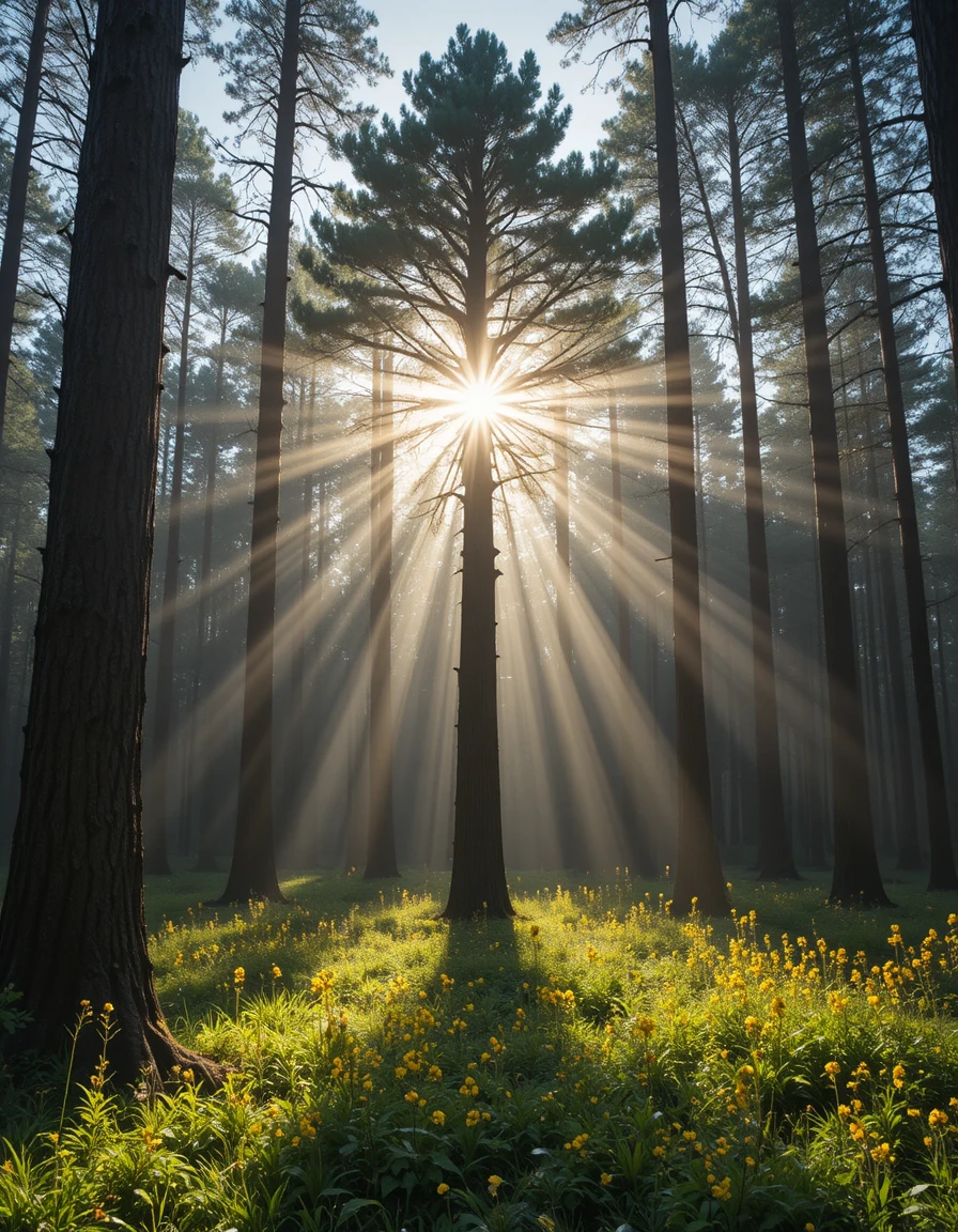 Forêt baignée de soleil avec grands pins et fleurs jaunes de printemps