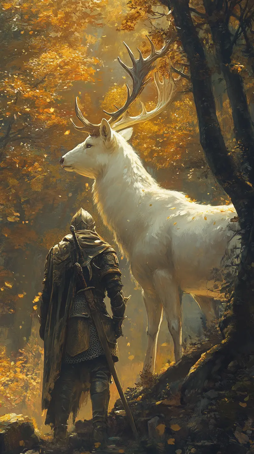 Knight and white stag in a golden dawn forest