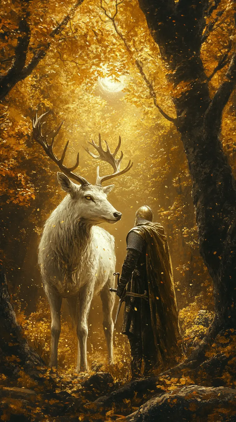 Knight And White Stag In A Golden Dawn Forest
