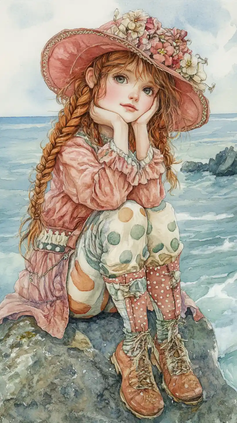 Young girl in hat sitting on seaside rock in watercolor