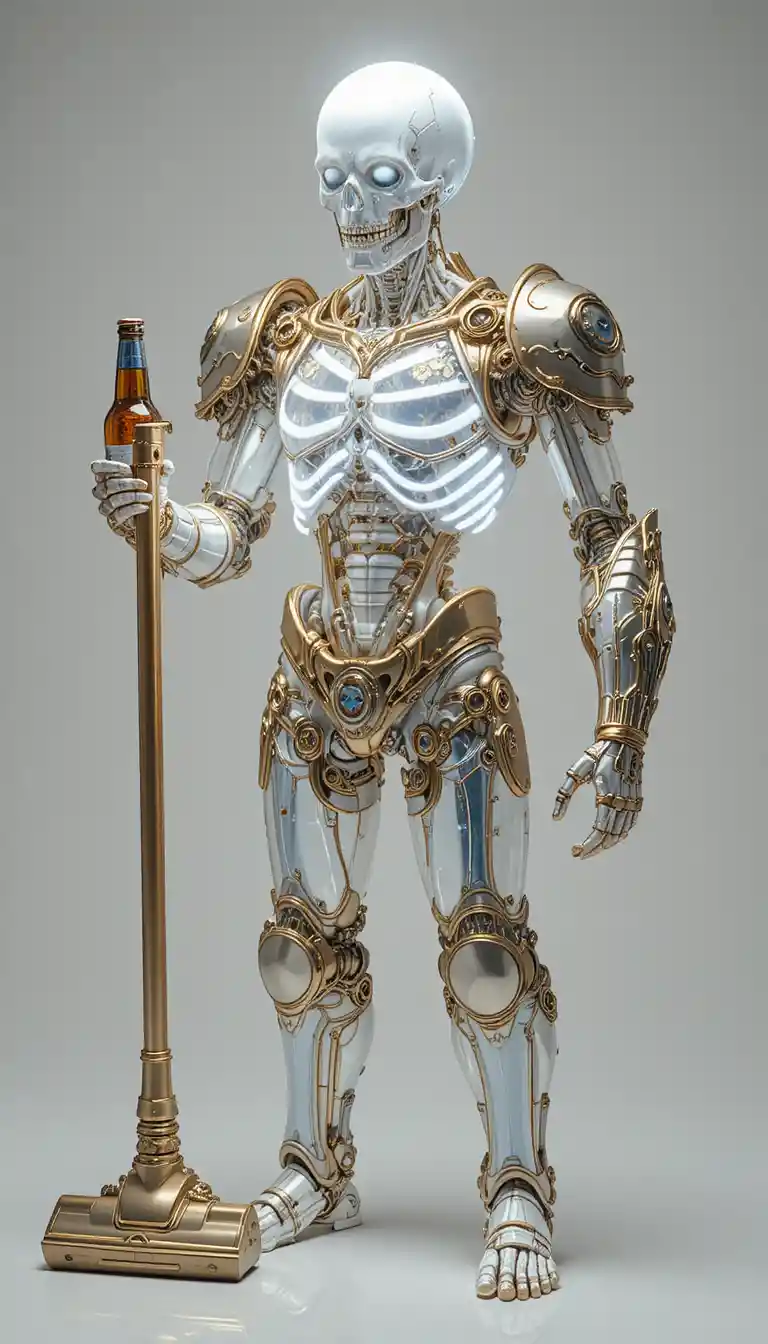 Figura esquelética brillante con aspiradora y botella de cerveza