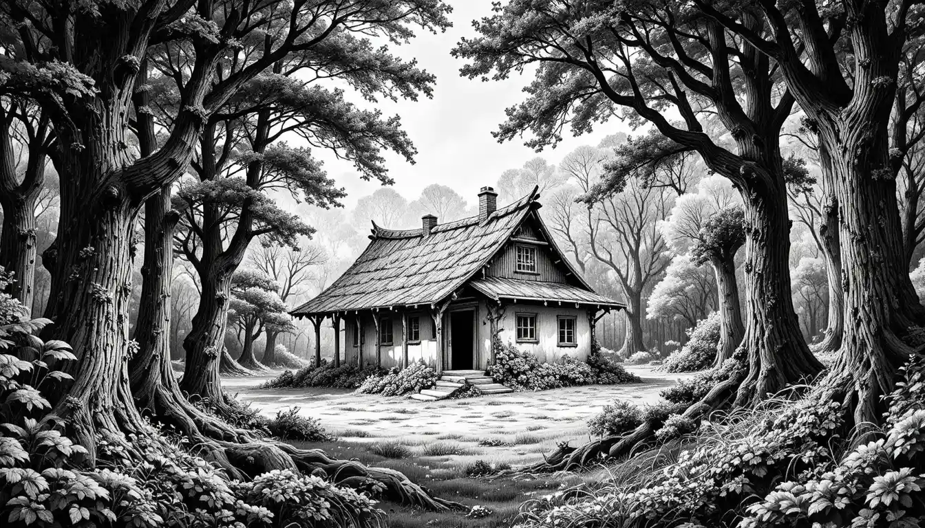 Forest hut engraving framed by detailed black and white trees