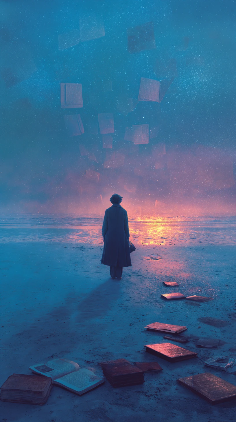 Figura solitaria en una costa crepuscular sosteniendo un carrete de película brillante