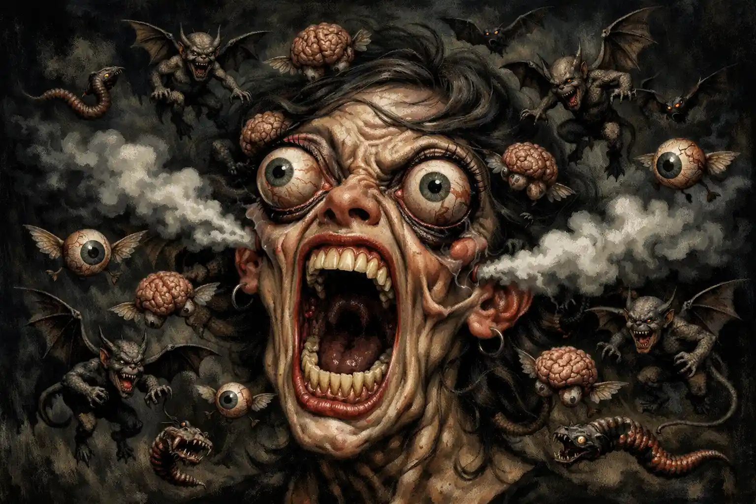 Surreal Distorted Woman Head Surrounded By Demonic Creatures