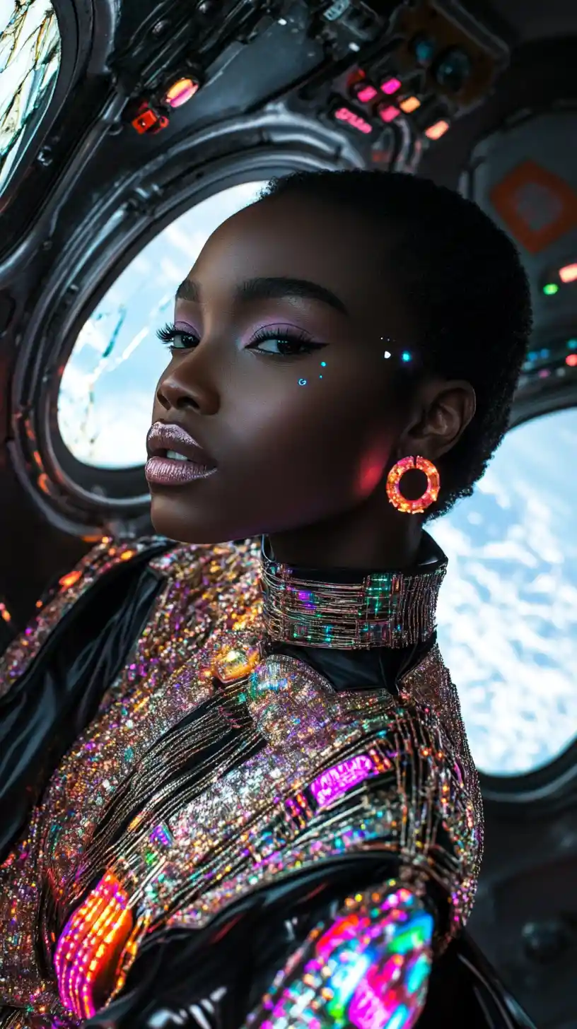 Modelo afrofuturista de alta costura flotando en estación espacial