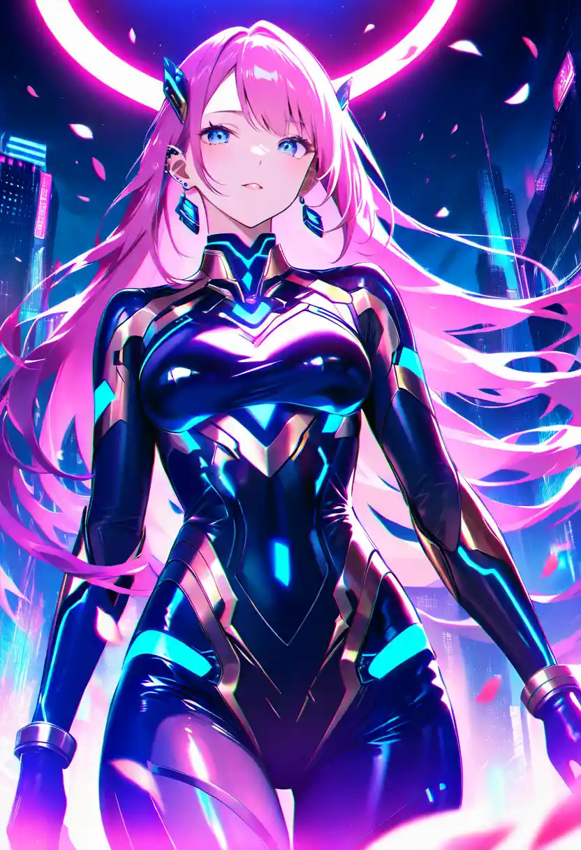 Cybernetic anime woman in neon cyberpunk city night