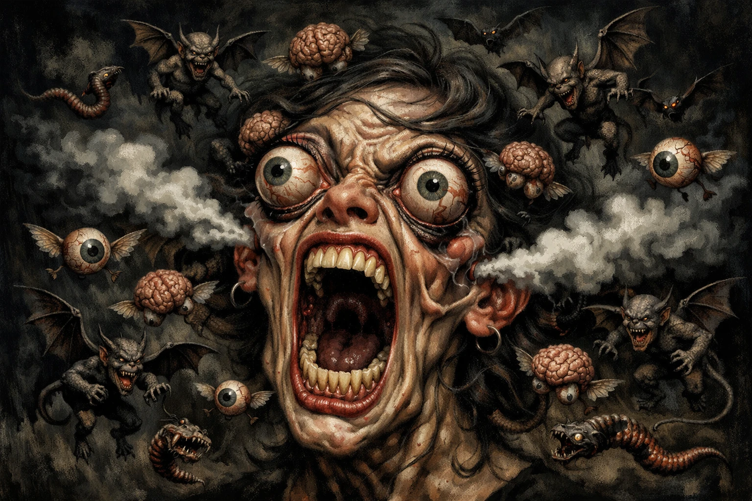 Surreal Distorted Woman Head Surrounded By Demonic Creatures