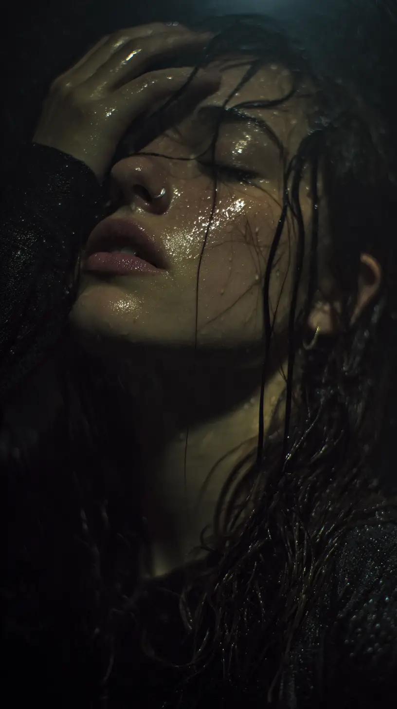 Young woman in the rain at night with eyes closed