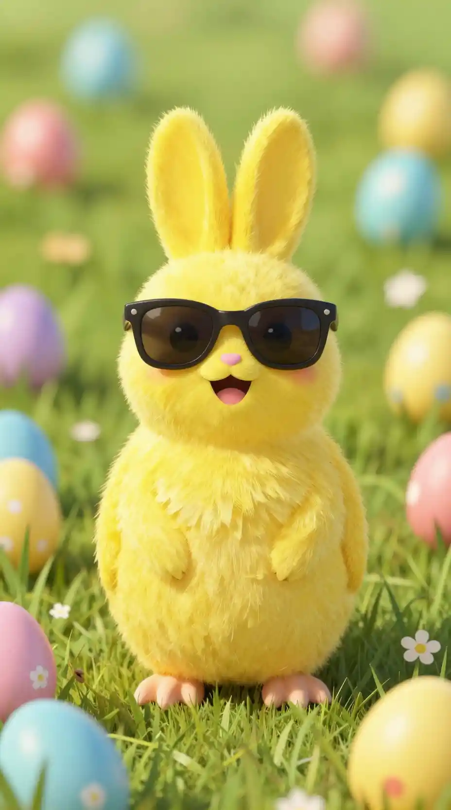Lächelndes Osterküken mit Sonnenbrille im grünen Eierfeld