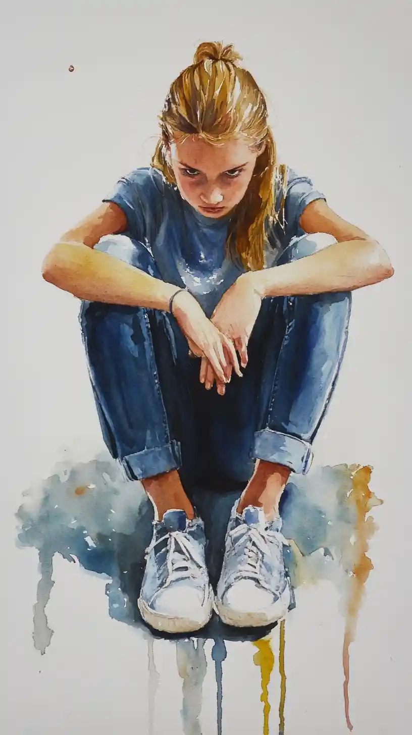 Aquarela de adolescente amarrando tênis cano alto mostarda