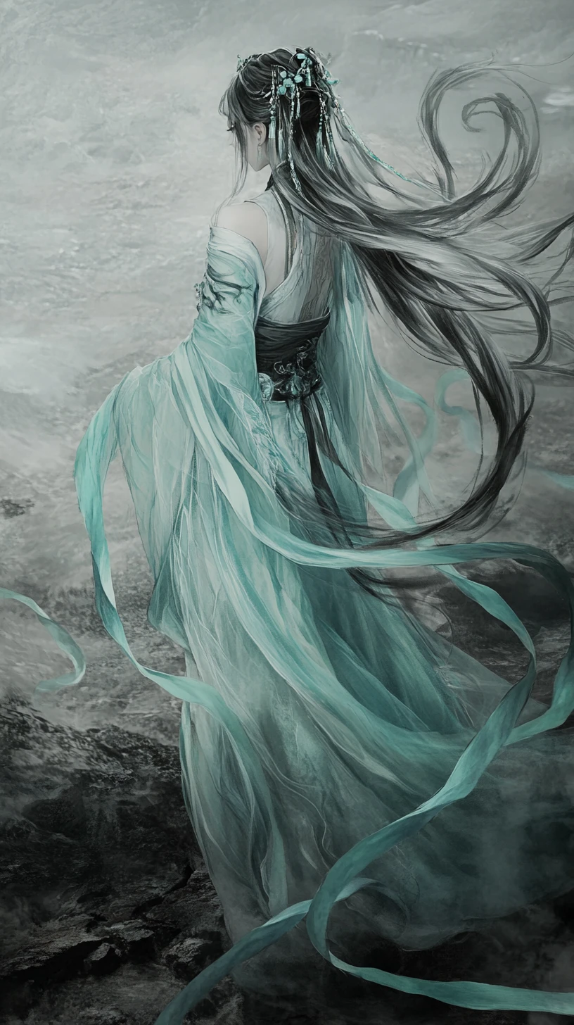 Woman in flowing turquoise dress in misty landscape